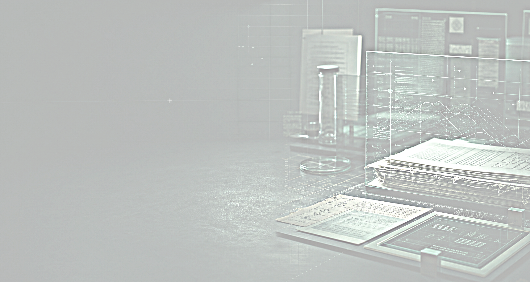 Research lab table with corpus documents and glass data panels