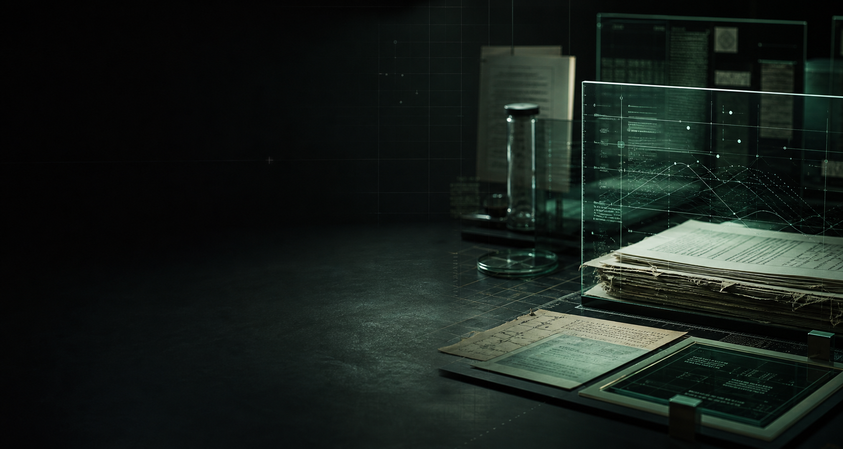 Obsidian green research lab table with corpus documents and glass data panels